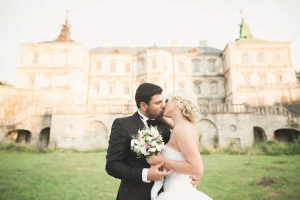 Feliz boda pareja abrazos y besos en el fondo viejo castillo — Foto de Stock