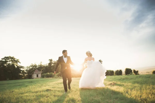 Casal elegante de recém-casados felizes andando no parque em seu dia de casamento com buquê — Fotografia de Stock