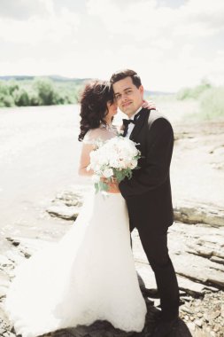 şık şık mutlu esmer gelin ve dağlarda güzel bir şelale arka plan üzerinde muhteşem damat