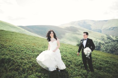 Öpüşen düğün çifti güzel manzarada kalıyor.