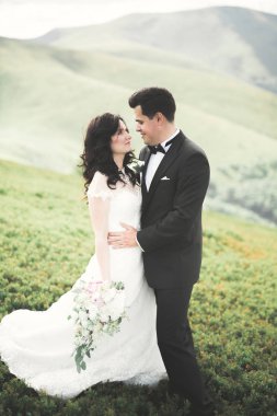 Harika bir gelin damada poz veriyor ve harika manzaralı dağlarda lüks bir tören yapıyor.