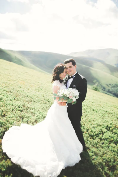 Casal de casamento bonito, noiva e noivo, apaixonado no fundo das montanhas — Fotografia de Stock