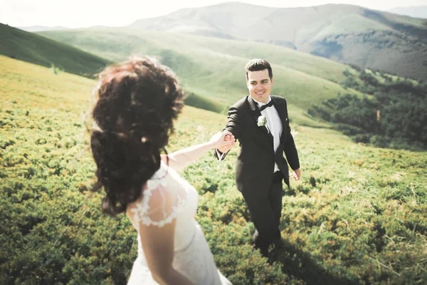 Красивая свадебная пара, невеста и жених, влюбленные на фоне гор — стоковое фото