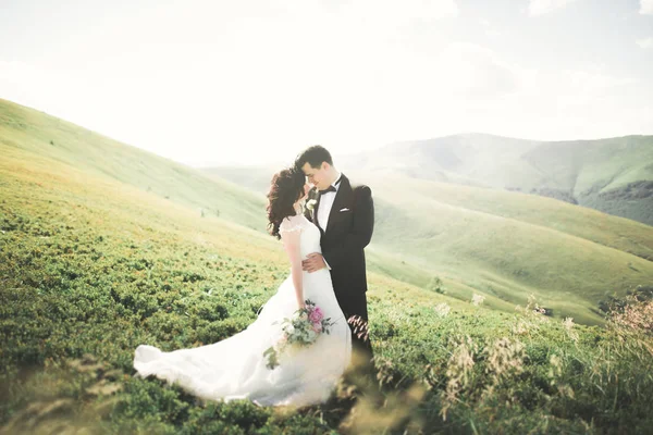 Giovane coppia appena sposata, sposa e sposo baciare, abbracciando sulla vista perfetta delle montagne, cielo blu — Foto Stock