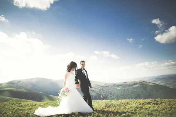 Casal de casamento beijando ficar sobre bela paisagem — Fotografia de Stock