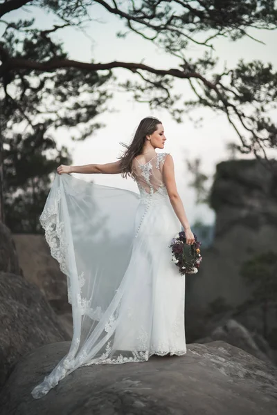 Magnifique mariée en robe élégante tenant bouquet posant près de la forêt — Photo