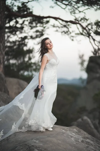 Magnifique mariée en robe élégante tenant bouquet posant près de la forêt — Photo