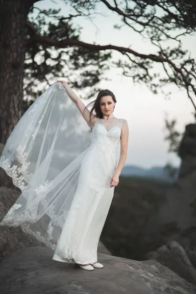 Magnifique mariée en robe élégante tenant bouquet posant près de la forêt — Photo