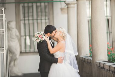 Lüks evli çift, gelin ve damat eski şehirde poz veriyor.