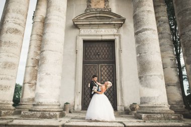 Güzel, romantik bir düğün. Yeni evliler. Eski kalenin yakınlarında sarılıyorlar.