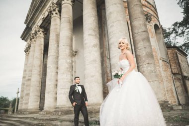 Güzel, romantik bir düğün. Yeni evliler. Eski kalenin yakınlarında sarılıyorlar.