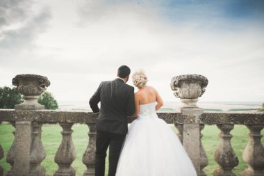 Güzel, romantik bir düğün. Yeni evliler. Eski kalenin yakınlarında sarılıyorlar.