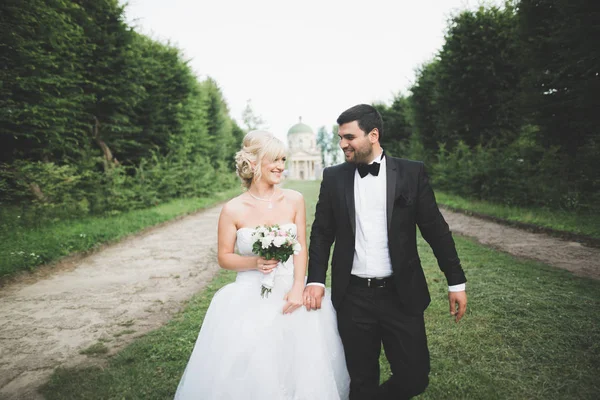 Hermosa boda romántica pareja de recién casados abrazos cerca del viejo castillo — Foto de Stock