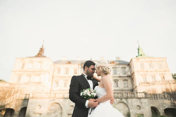 Bella coppia di sposi romantici che si abbracciano vicino al vecchio castello — Foto Stock