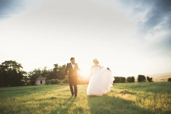 Κομψό ζευγάρι χαρούμενων νεόνυμφων που περπατούν στο πάρκο την ημέρα του γάμου τους με μπουκέτο — Φωτογραφία Αρχείου
