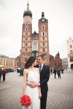 Krakow ana meydanında yürüme zarif güzel düğün çifti