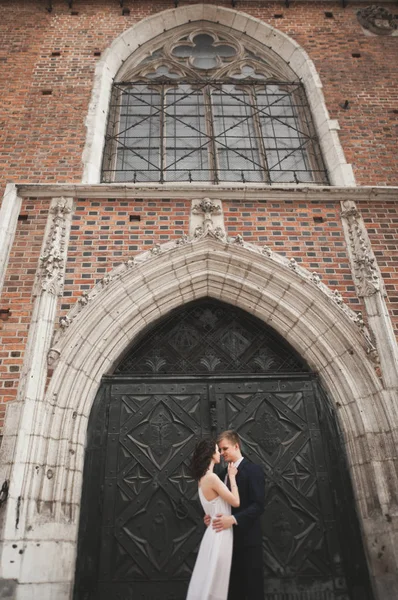 Hermosa pareja de boda, novia, novio posando cerca del antiguo edificio de la puerta — Foto de Stock