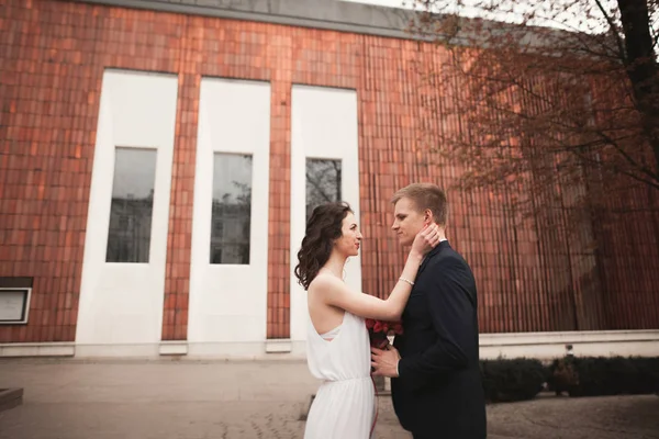 Pareja de boda, novia y novio posando cerca de un edificio elegante —  Fotos de Stock
