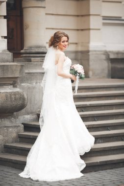 Eski şehirde poz lüks beyaz elbise ile harika gelin