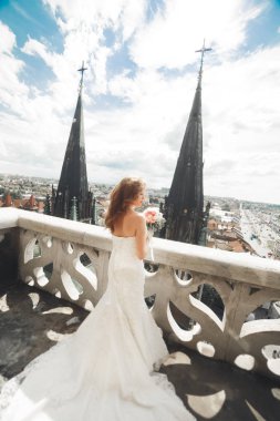 Muhteşem manzaralı balkonda güzel, lüks gelin.