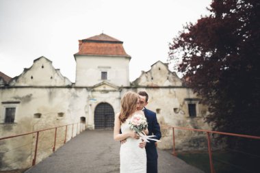 Mutlu düğün kaç sarılma ve birbirlerine arka plan eski kale üzerinde gülümseyen