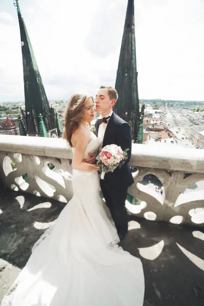 Elegante hermosa pareja de boda besándose y abrazándose en el fondo vista panorámica del casco antiguo — Foto de Stock