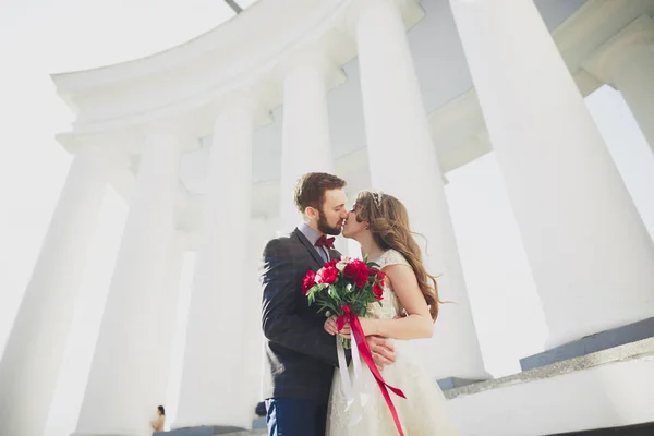 Hermosa pareja, novia y novio posando cerca de gran columna blanca — Foto de Stock