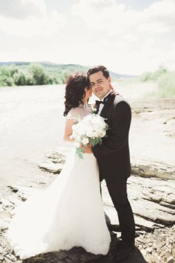 şık şık mutlu esmer gelin ve dağlarda güzel bir şelale arka plan üzerinde muhteşem damat