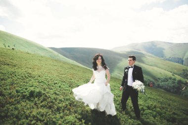 Öpüşen düğün çifti güzel manzarada kalıyor.