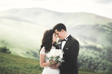 Harika bir gelin damada poz veriyor ve harika manzaralı dağlarda lüks bir tören yapıyor.