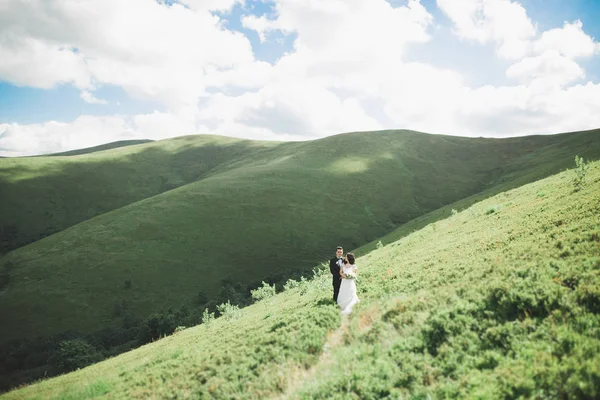 Joven pareja recién casada, novia y novio besándose, abrazándose a la vista perfecta de las montañas, cielo azul —  Fotos de Stock