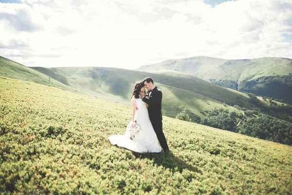 Prachtige fabelachtige gelukkige bruid en stijlvolle bruidegom poseren op de achtergrond van de zonnige prachtige bergen — Stockfoto