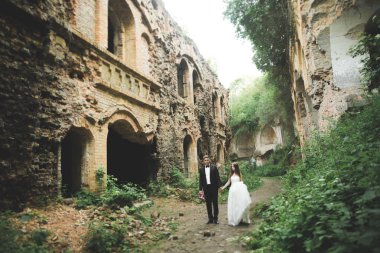 Güzel bir peri masalı yeni evli çift eski ortaçağ şatosunun yakınlarında sarılıyor.