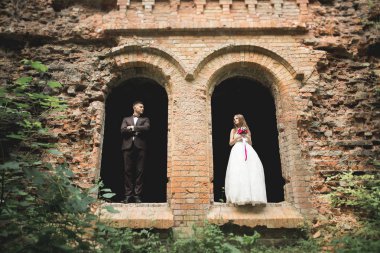 Şehvetli evli çift, eski Slav kalesinin önünde sevgililer günü kucaklaşması.