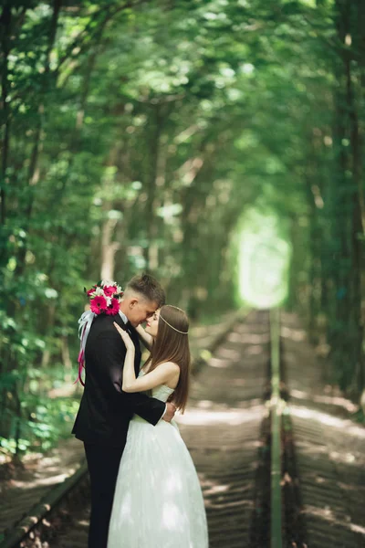 Fiatal esküvői pár, a menyasszony és a vőlegény pózol a vasúti pálya — Stock Fotó