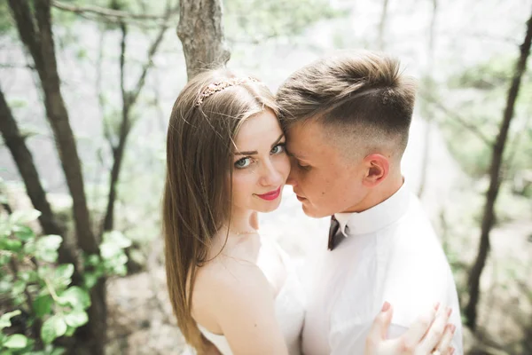 Boda pareja hombre, novia besándose y abrazándose en un fondo del río, montañas. Retrato de belleza — Foto de Stock