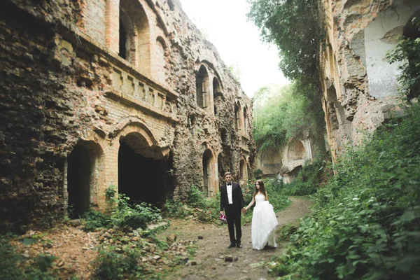 Güzel bir peri masalı yeni evli çift eski ortaçağ şatosunun yakınlarında sarılıyor.