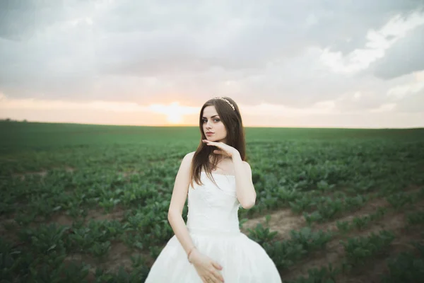 Bella sposa bruna in elegante vestito bianco che tiene bouquet in posa alberi ordinati — Foto Stock