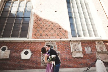 Muhteşem Düğün çifti, damat ve gelin pembe elbise Krakow eski şehirde yürüyüş ile