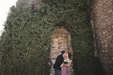 Sarılma ve öpüşme arka plan güzel bitkiler üzerinde lüks Düğün çifti mağara antik kale