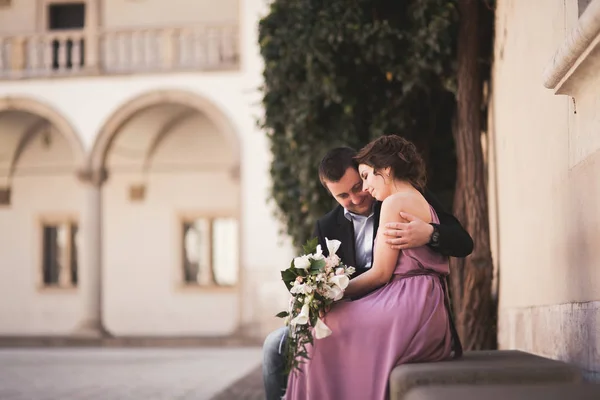 Ευτυχισμένος γάμος ζευγάρι, γαμπρός, νύφη, με ροζ φόρεμα αγκάλιασμα και χαμογελαστός μεταξύ τους σχετικά με το ιστορικό τους τοίχους στο κάστρο — Φωτογραφία Αρχείου