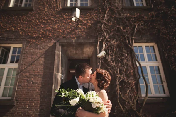 Casal de casamento jovem na história de amor, noiva e noivo posando perto de edifício no fundo. Cracóvia — Fotografia de Stock