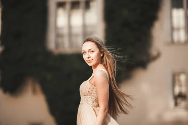 Hermosa chica, modelo con el pelo largo posando en el viejo castillo cerca de columnas. Cracovia Vavel — Foto de Stock