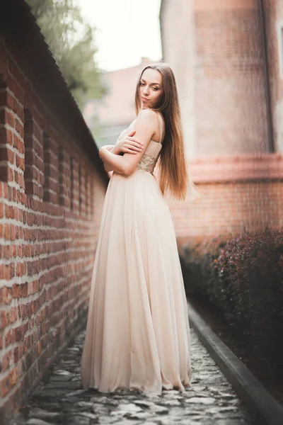 Beautiful sexy girl with long hair and dress perfect shape tanned body possing near wall — Stock Photo, Image