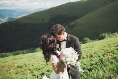 Güzel düğün çift, gelin ve damat, arka planda dağların aşık