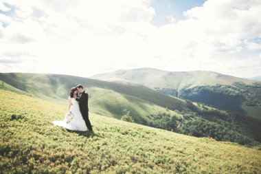 Öpüşen düğün çifti güzel manzarada kalıyor.