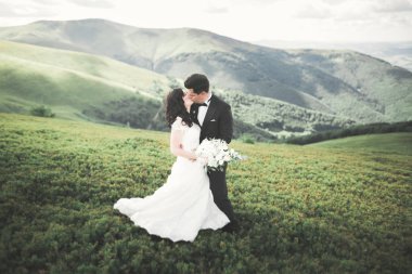 Harika bir gelin damada poz veriyor ve harika manzaralı dağlarda lüks bir tören yapıyor.