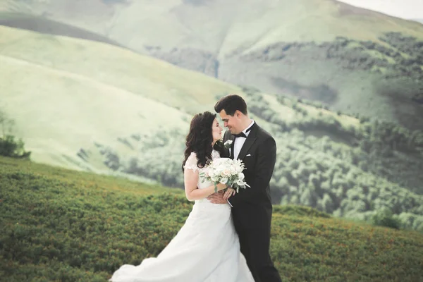 Молодая супружеская пара, поцелуи жениха и невесты, объятия на идеальный вид на горы, голубое небо — стоковое фото