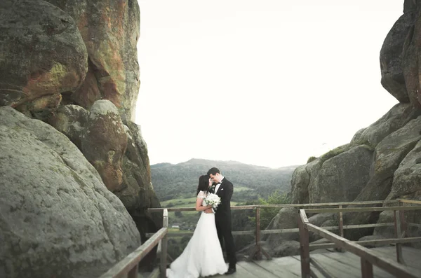 Verheugd huwelijksfeest paar zoenen en knuffelen in de buurt van een hoge klif — Stockfoto