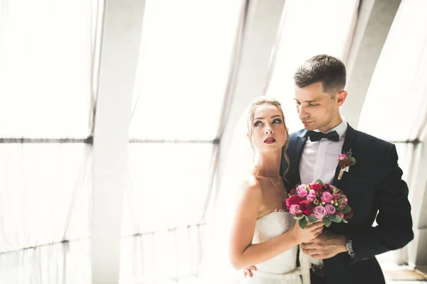 Casal perfeito noiva, noivo posando e beijando em seu dia do casamento — Fotografia de Stock